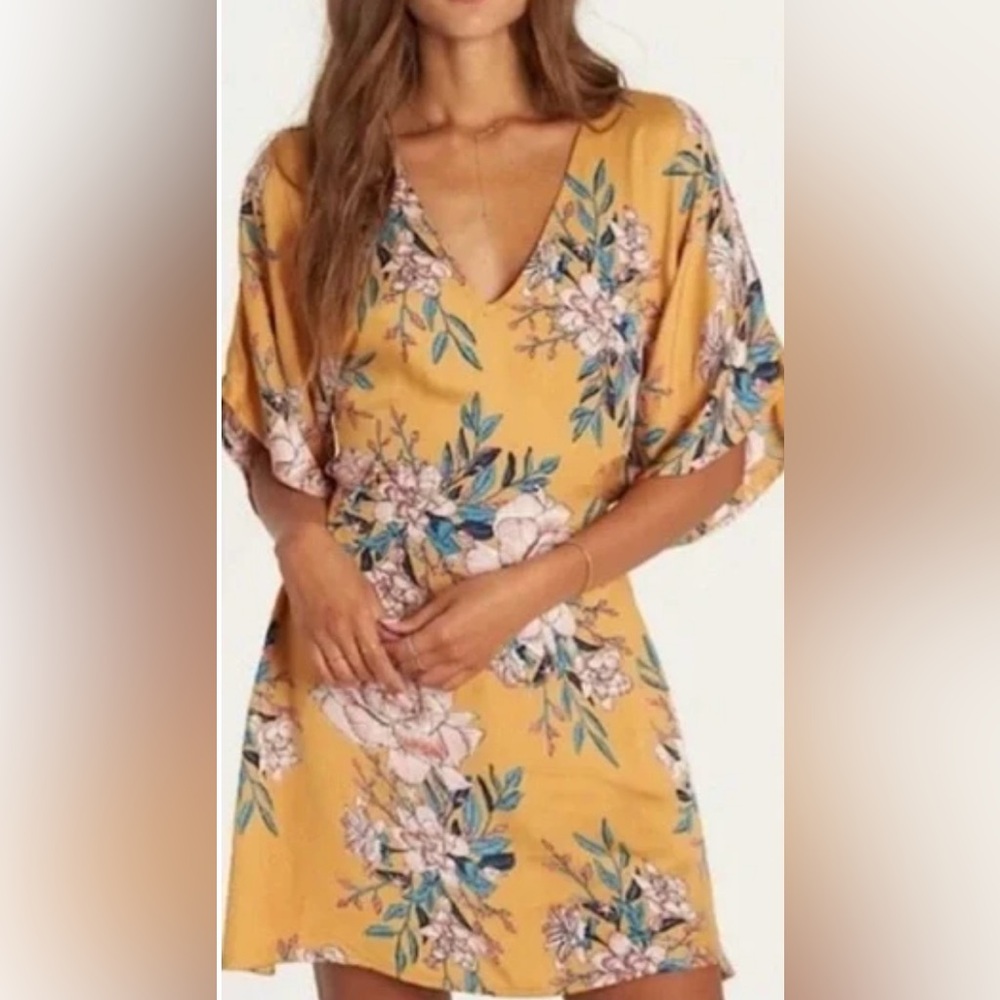 Billabong Floral Mustard Dress with Pink Accents Size Small